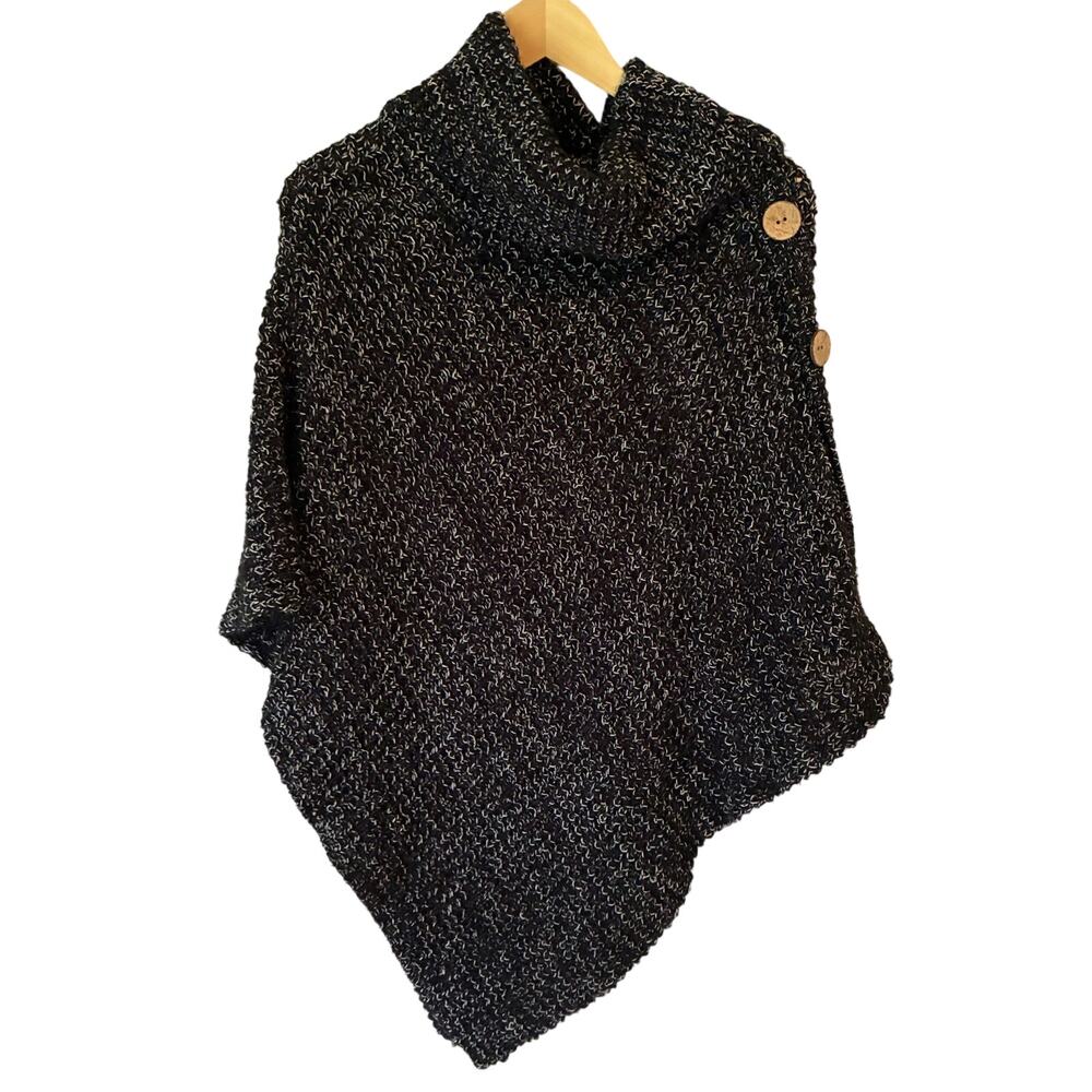 Unbranded Poncho Womens OS Black White Marled Knit Cowl Neck Button Side Fall